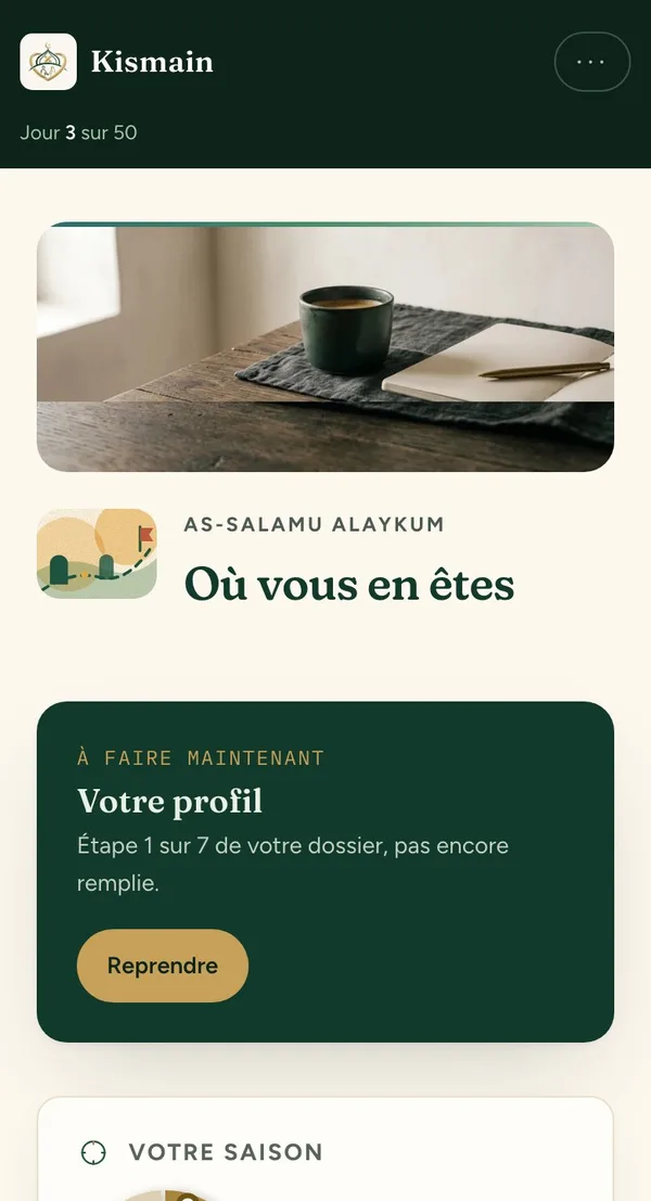 L'accueil de l'application : « Jour 3 sur 50 ».