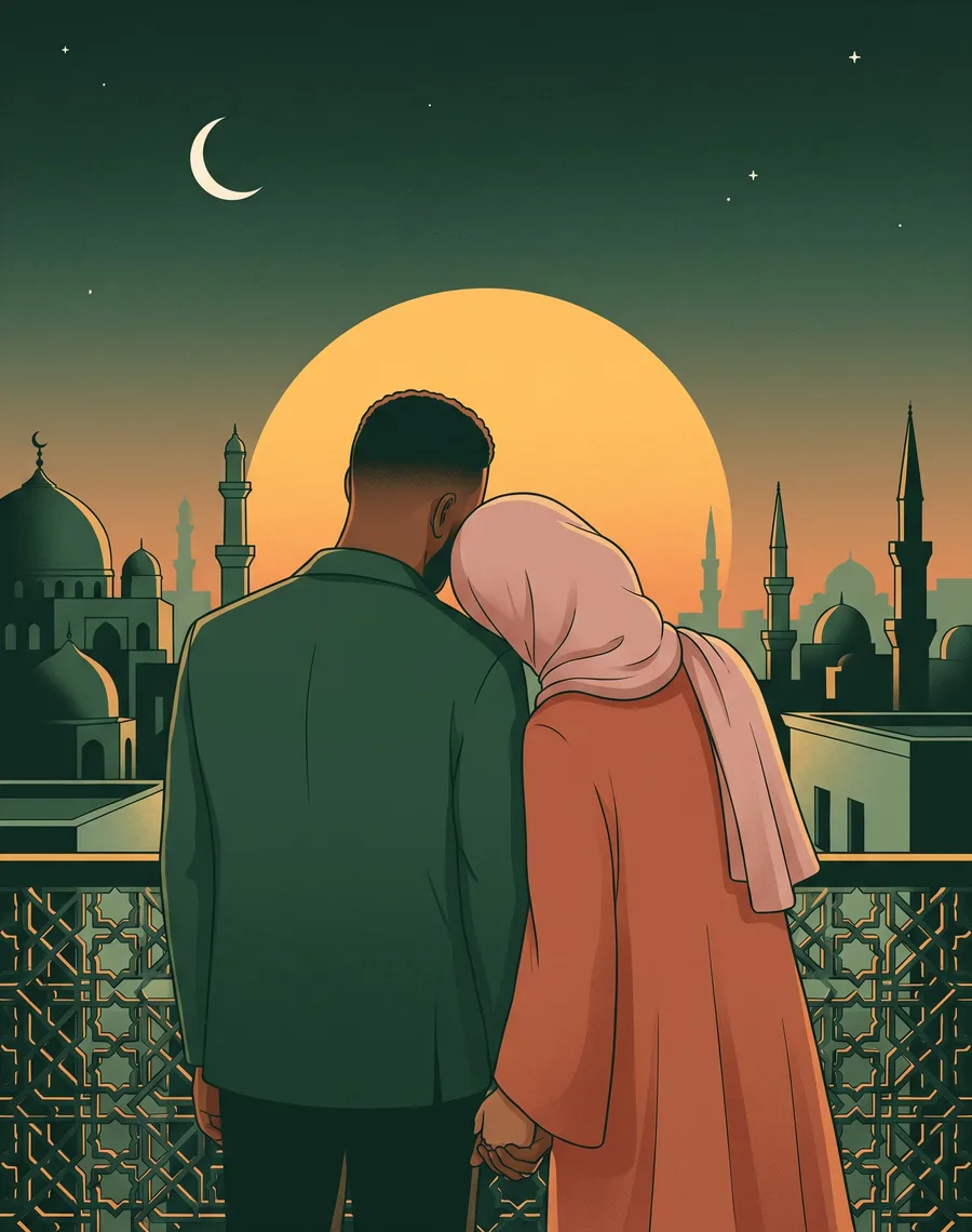 Un couple de dos, main dans la main sur une terrasse, face à une ville aux coupoles au coucher du soleil.